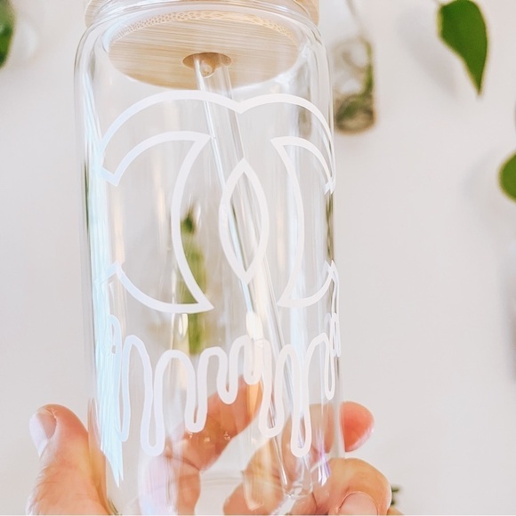 Other - Custom Designer Inspired 16 oz Glass Tumbler Wood Lid w/ Glass Straw NEW